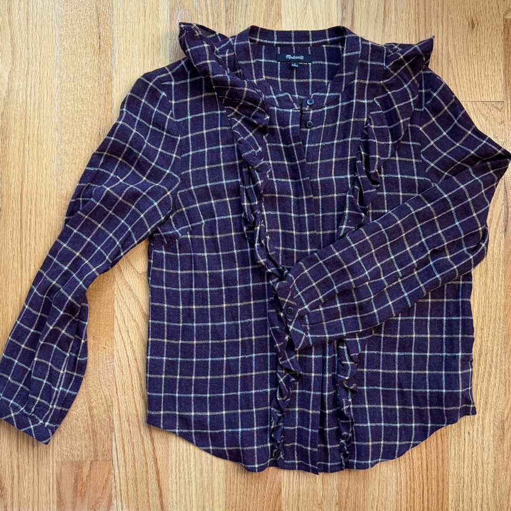 Madewell Eggplant Wool Button Down with ruffles and sparkle Sz Medium